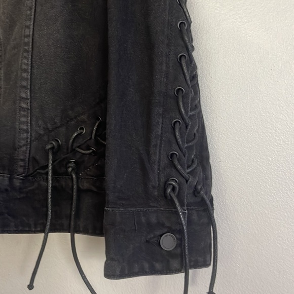 BlankNYC women distressed black jean jacket with lace up sleeves, back & sides - Picture 6 of 13